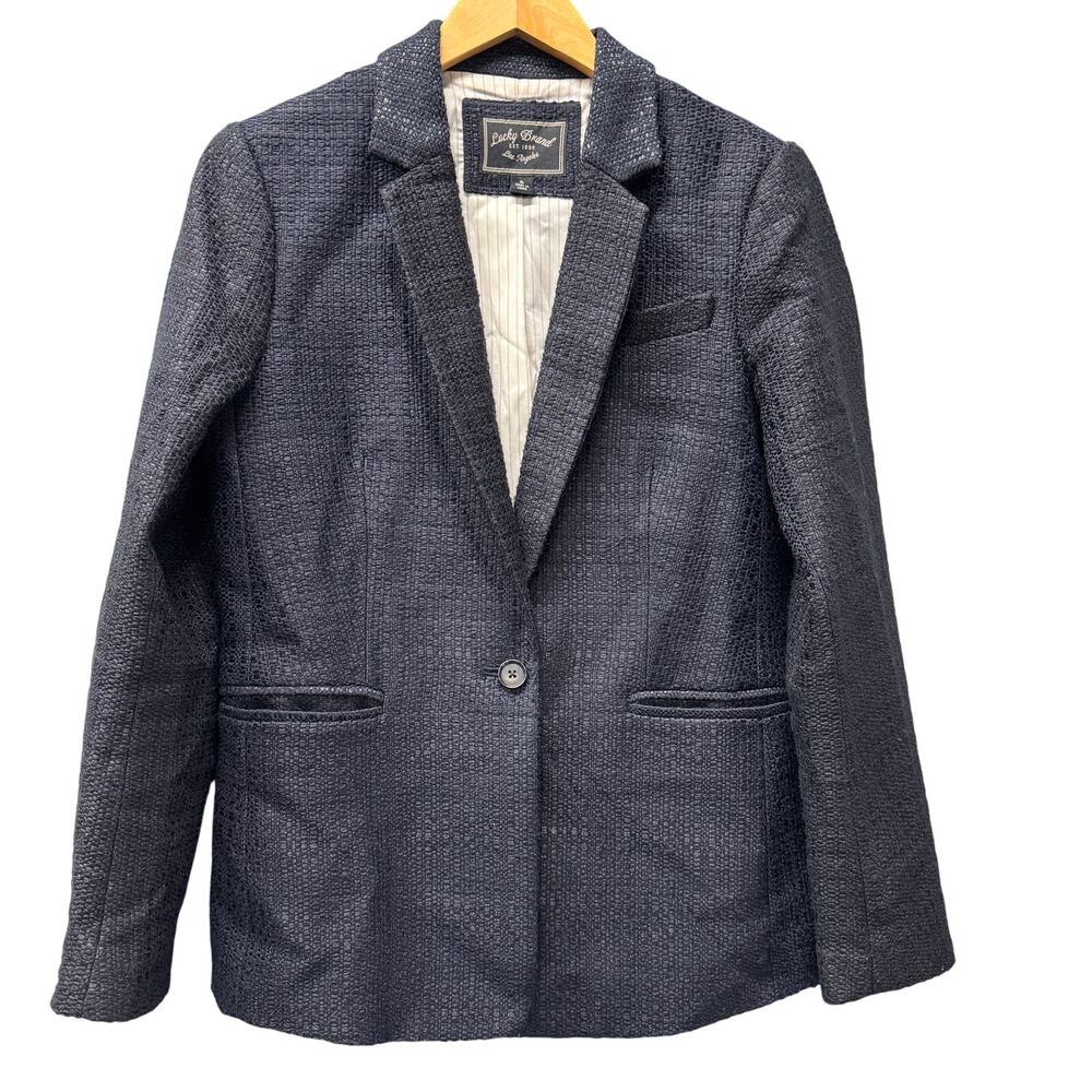 Lucky Brand Blazer Womens 6 Blue Tweed Textured Jacket Lined Coastal 1‎ Button